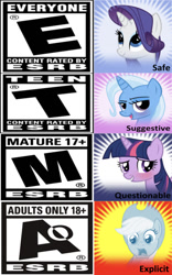 Size: 666x1064 | Tagged: safe, derpibooru import, editor:undeadponysoldier, applejack, rarity, trixie, twilight sparkle, earth pony, pony, unicorn, comparison, derpibooru, esrb, female, funny, funny as hell, game rating, mare, meta, meta:explicit, meta:questionable, meta:suggestive, satisfying, spoiler image, spoilered image joke, wrong aspect ratio