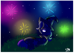 Size: 544x394 | Tagged: safe, artist:spittypie1011, derpibooru import, trixie, pony, unicorn, female, fireworks, grass, lidded eyes, looking up, mare, night, on side, smiling, solo, stars
