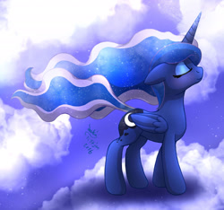 Size: 1925x1800 | Tagged: safe, artist:joakaha, princess luna, alicorn, pony, cloud, eyes closed, missing accessory, smiling, solo