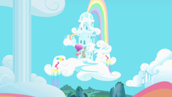 Size: 1280x720 | Tagged: safe, screencap, pinkie pie, rainbow dash, pegasus, pony, party of one, cloud, hot air balloon, rainbow, rainbow dash's house, rainbow waterfall, twinkling balloon