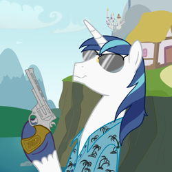 Size: 600x600 | Tagged: safe, artist:hudoyjnik, shining armor, pony, unicorn, clothes, grand theft auto, gta vice city, gun, hoof hold, revolver, shirt, smirk, solo, sunglasses, tommy vercetti, weapon, who needs trigger fingers