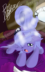 Size: 500x800 | Tagged: safe, artist:pen-mightier, princess luna, spike, alicorn, dragon, pony, cute, filly, lunabetes, morning ponies, offscreen character, sleepy, solo, solo focus, weapons-grade cute, woona, yawn