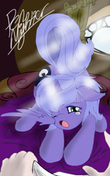 Size: 500x800 | Tagged: safe, artist:pen-mightier, princess luna, human, bed, cute, offscreen character, sleepy, solo focus, stretching, yawn