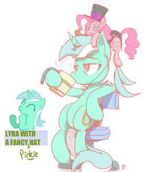 Size: 1221x1429 | Tagged: artist needed, safe, lyra heartstrings, pinkie pie, earth pony, pony, unicorn, chair, cup, doll, hat, plushie, plushie hat, pony hat, simple background, sitting, solo, white background