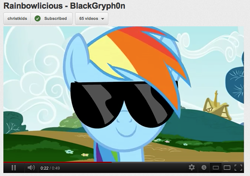 Size: 665x468 | Tagged: safe, rainbow dash, pegasus, pony, blue mane, female, mare, multicolored mane, sunglasses, youtube