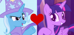 Size: 790x379 | Tagged: safe, derpibooru import, edit, trixie, twilight sparkle, twilight sparkle (alicorn), alicorn, pony, female, heart, lesbian, low quality, shipping, shipping domino, twixie