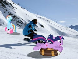 Size: 2560x1920 | Tagged: safe, artist:paris7500, derpibooru import, pinkie pie, rainbow dash, twilight sparkle, human, pony, book, irl, photo, ponies in real life, ski lift, snow, snowboard, vector