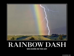 Size: 750x574 | Tagged: safe, rainbow dash, demotivational poster, irl, lightning, meme, meta, rainbow