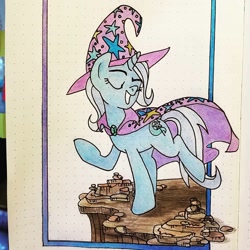 Size: 1080x1080 | Tagged: safe, artist:escapadistfiction, derpibooru import, trixie, pony, unicorn, cliff, eyes closed, smug, solo, traditional art