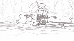 Size: 1920x1080 | Tagged: safe, artist:hierozaki, princess luna, alicorn, pony, clothes, monochrome, prone, scarf, sketch, solo