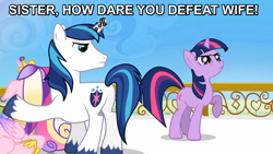 Size: 896x504 | Tagged: safe, screencap, princess cadance, shining armor, twilight sparkle, alicorn, pony, unicorn, the crystal empire, defeated, frown, funny, glare, half life full life consequences, horn crystals, image macro, magic suppression, meme, raised hoof, scrunchy face, sister, wat, wife