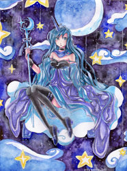 Size: 2384x3212 | Tagged: safe, artist:willywonka2703, princess luna, human, clothes, cloud, dress, humanized, moon, socks, solo, staff, stars, thigh highs, traditional art