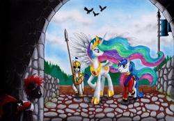 Size: 1580x1101 | Tagged: safe, artist:reptilecynrik, princess celestia, shining armor, oc, alicorn, crow, pony, unicorn, hazard, raised hoof, redmane, royal guard, spear, traditional art, weapon