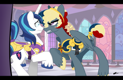 Size: 900x587 | Tagged: safe, artist:pandadox, shining armor, oc, pony, unicorn, angry, castle