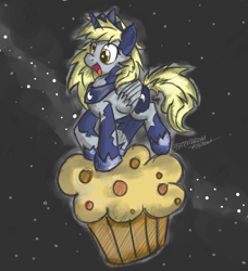 Size: 900x986 | Tagged: safe, artist:flutterthrash, derpy hooves, princess luna, clothes, cosplay, costume, food, muffin, princess derpy, solo, space, stars, that pony sure does love muffins