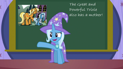 Size: 1280x720 | Tagged: safe, derpibooru import, edit, idw, sunflower spectacle, trixie, pony, unicorn, a matter of principals, spoiler:comic40, cape, chalkboard, clothes, female, filly, great and powerful, hat, mare, third person, trixie's cape, trixie's hat