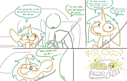 Size: 1002x638 | Tagged: safe, artist:the weaver, snails, spice, oc, oc:anon, human, car, comic, driving, riding, rule 63, simple background, spaghetti, sweat, vomit, white background