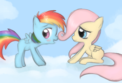 Size: 2500x1700 | Tagged: safe, artist:girlygirlsketches, fluttershy, rainbow dash, pegasus, pony, blushing, cloud, cloudy, filly