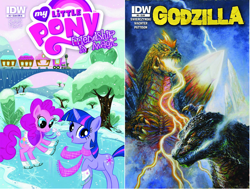 Size: 1808x1368 | Tagged: safe, derpibooru import, idw, pinkie pie, twilight sparkle, earth pony, kaiju, pony, bob eggleton, cover, godzilla, godzilla (series), godzilla ongoing, idw advertisement, spacegodzilla, train