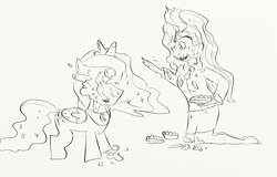 Size: 751x481 | Tagged: safe, princess luna, equestria girls, food, humanized, mess, monochrome, pie, pied