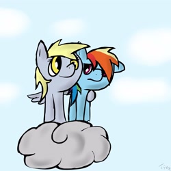 Size: 3000x3000 | Tagged: safe, artist:wonder-waffle, derpy hooves, rainbow dash, pegasus, pony, cloud, cloudy, derpydash, female, high res, lesbian, mare, shipping