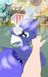 Size: 500x800 | Tagged: safe, artist:pen-mightier, princess luna, human, :3, bedroom eyes, bonnet, crepuscular rays, cute, finger in mouth, floppy ears, flower, flower in hair, lidded eyes, looking at you, mouth hold, nom, one eye closed, raised hoof, s1 luna, signature, smiling, wink