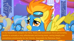 Size: 1000x562 | Tagged: safe, artist:zaedrin, edit, edited screencap, screencap, rainbow dash, spitfire, pegasus, pony, caption, headcanon, implied shipping, text