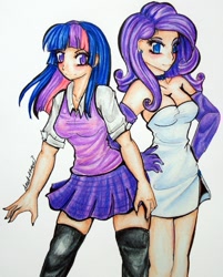 Size: 754x940 | Tagged: safe, artist:divinekitten, derpibooru import, rarity, twilight sparkle, clothes, dress, evening gloves, humanized, skirt, traditional art