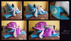 Size: 10821x6223 | Tagged: safe, artist:wollyshop, derpibooru import, trixie, pony, bed, butt, cape, clothes, hat, plot, plushie, trixie's cape, trixie's hat