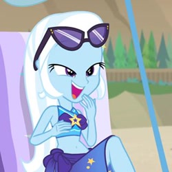 Size: 320x320 | Tagged: safe, derpibooru import, screencap, trixie, better together, equestria girls, forgotten friendship, belly button, clothes, cropped, cute, diatrixes, laughing, midriff, oh my, sunglasses, swimsuit