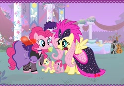 Size: 712x492 | Tagged: safe, fluttershy, octavia melody, pinkie pie, earth pony, pegasus, pony, duo, duo female, female, mare, pink coat, pink mane, yellow mane