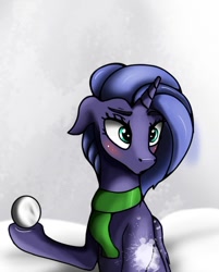 Size: 584x725 | Tagged: safe, artist:tincantim, princess luna, alicorn, pony, clothes, s1 luna, scarf, snow, snowball, solo