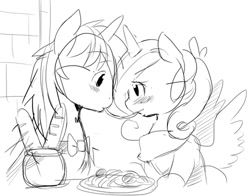 Size: 500x391 | Tagged: safe, artist:ende26, princess cadance, shining armor, alicorn, pony, unicorn, grayscale, lady and the tramp, monochrome, simple background, spaghetti, spaghetti scene