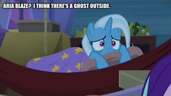 Size: 800x450 | Tagged: safe, derpibooru import, edit, edited screencap, screencap, aria blaze, starlight glimmer, trixie, pony, unicorn, road to friendship, bags under eyes, caption, hammock, image macro, sleeping, solo focus, text, wrong character