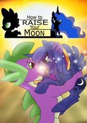 Size: 457x643 | Tagged: safe, artist:pen-mightier, princess luna, spike, alicorn, dragon, pony, cover art, cute, fanfic, fanfic art, fanfic cover, hug, lunabetes, shipping, spikelove, spiluna