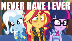 Size: 1280x720 | Tagged: safe, derpibooru import, edit, editor:biggernate91, sci-twi, sunset shimmer, trixie, twilight sparkle, better together, equestria girls, never have i ever, shimmercode, sunset's apartment, text, thumbnail, youtube, youtube thumbnail