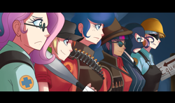 Size: 1215x712 | Tagged: safe, artist:sallymon, applejack, fluttershy, princess luna, rainbow dash, rarity, twilight sparkle, human, anime, engiejack, engineer, fluttermedic, glasses, heavy, humanized, mann vs machine, medic, medishy, parody, rainbow scout, rarispy, scout, sniper, spy, team fortress 2, twilight sniper