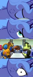 Size: 798x1828 | Tagged: safe, princess luna, alicorn, pony, animal crossing, bed meme, exploitable meme, meme, morning after, office, olaf, s1 luna, waking up, wat