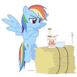 Size: 1200x1200 | Tagged: safe, artist:dm29, rainbow dash, pegasus, pony, chopsticks, crossed arms, cup noodles, female, flying, hay bale, hourglass, impatient, instant noodles, mare, ramen, simple background, solo, spread wings, steam, transparent background, wings