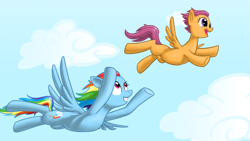 Size: 2353x1324 | Tagged: safe, artist:poniker, rainbow dash, scootaloo, pegasus, pony, scootaloo can fly, scootalove