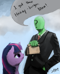 Size: 884x1090 | Tagged: safe, artist:sergiole, twilight sparkle, oc, oc:anon, don't be a menace, hay burger, paper bag, twilight burgkle