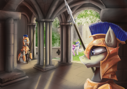 Size: 2480x1748 | Tagged: safe, artist:duh-veed, princess cadance, shining armor, alicorn, pony, unicorn, armor, building, garden, pillar, royal guard, spear, weapon