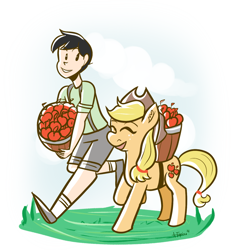 Size: 938x1000 | Tagged: artist needed, safe, artist:php52, derpibooru import, applejack, oc, oc:anon, oc:kid anon, human, anon with a face, basket, child