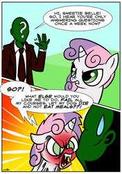 Size: 1024x1454 | Tagged: safe, artist:catfood-mcfly, sweetie belle, oc, oc:anon, comic, dialogue, fury belle, scary belle