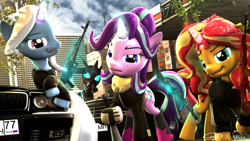 Size: 3840x2160 | Tagged: safe, artist:calveen, artist:whiteskyline, derpibooru import, starlight glimmer, sunset shimmer, trixie, changeling, unicorn, 3d, ak, ak-47, ak-74, assault rifle, bmw, bmw 7-series, bmw e38, car, counterparts, glowing horn, gun, horn, levitation, looking at you, magic, mercedes-benz, mercedes-benz s-class, mercedes-benz w140, rifle, sky, source filmmaker, telekinesis, twilight's counterparts, weapon