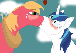 Size: 1280x896 | Tagged: safe, artist:flamewolf, big macintosh, shining armor, earth pony, pony, unicorn, blushing, gay, heart, kissing, male, shiningmac, shipping, stallion