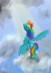 Size: 1800x2600 | Tagged: safe, artist:jenniferelluin, rainbow dash, pegasus, pony, cloud, crepuscular rays, eyes closed, female, looking up, mare, on a cloud, rearing, sky, solo, spread wings, wings