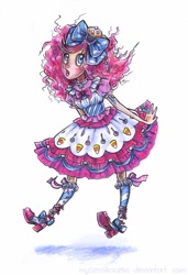 Size: 600x875 | Tagged: safe, artist:myszoskoczka, pinkie pie, clothes, dress, fashion, gala dress, humanized, lolita fashion, solo, traditional art