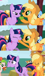 Size: 864x1469 | Tagged: safe, derpibooru import, edit, edited screencap, screencap, apple cider (character), apple cobbler, applejack, peachy sweet, red gala, twilight sparkle, unicorn twilight, earth pony, pony, unicorn, friendship is magic, animation error, apple, apple cider, apple family member, female, mare, scrunchy face