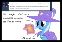 Size: 1280x883 | Tagged: safe, artist:evil-dec0y, derpibooru import, trixie, pony, unicorn, comic:trixie vs., cape, clothes, female, hat, magic, mare, solo, telekinesis, trixie's cape, trixie's hat